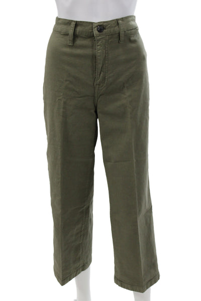 J Crew Women Cropped Chino Pants Army Green Button Solid Stretch Size 28