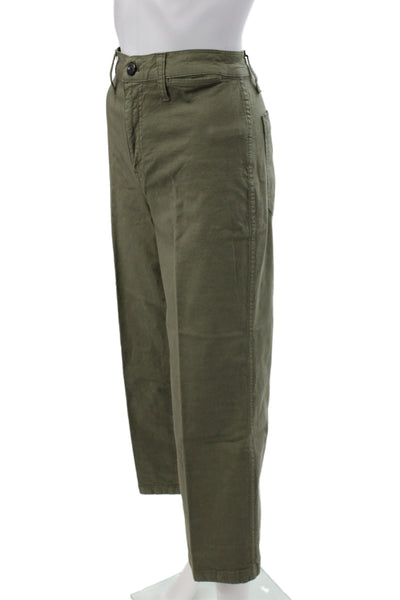 J Crew Women Cropped Chino Pants Army Green Button Solid Stretch Size 28
