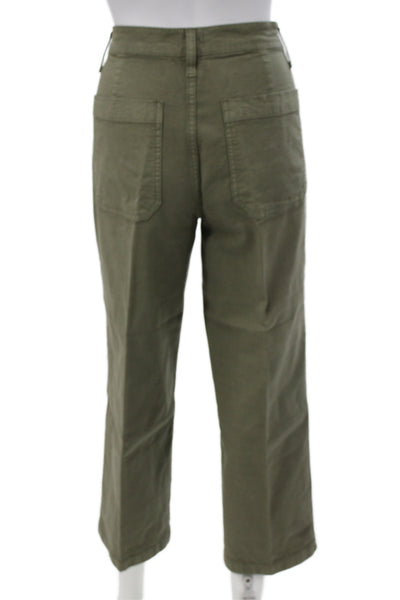 J Crew Women Cropped Chino Pants Army Green Button Solid Stretch Size 28