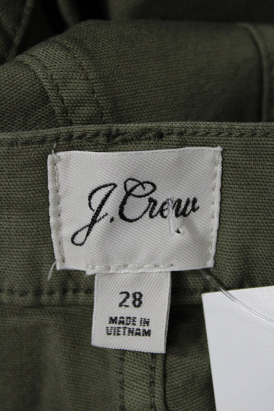 J Crew Women Cropped Chino Pants Army Green Button Solid Stretch Size 28
