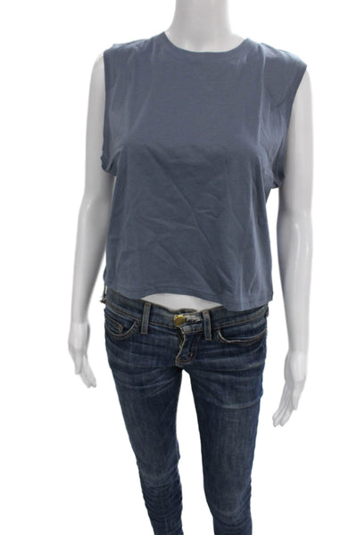 Athleta Women Cropped Basic Cotton Sleeveless Crew Neck T-Shirt Blue Size M