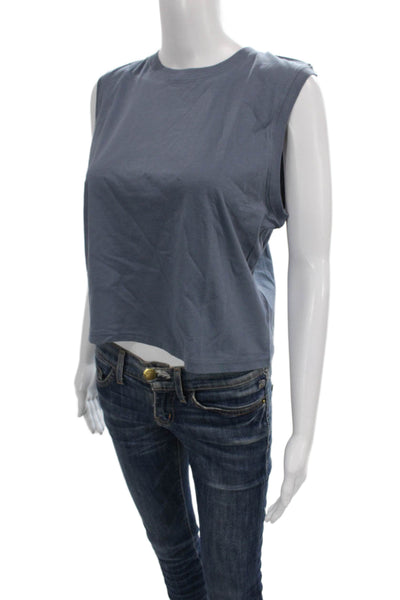 Athleta Women Cropped Basic Cotton Sleeveless Crew Neck T-Shirt Blue Size M