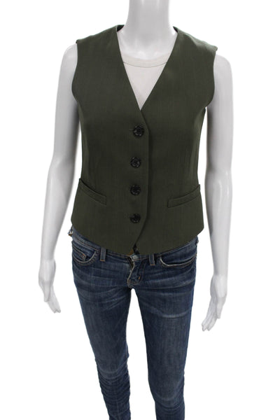 Theory Women Army Green V-Neck Button Vest Sleeveless 70% Triacetate Size 2