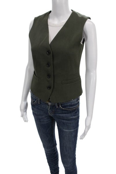 Theory Women Army Green V-Neck Button Vest Sleeveless 70% Triacetate Size 2
