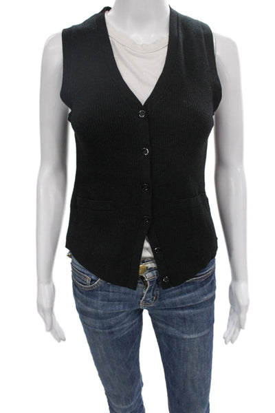 Minnie Rose Women Black V-Neck Sleeveless Button Vest Size S