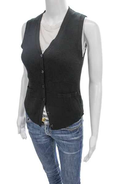 Minnie Rose Women Black V-Neck Sleeveless Button Vest Size S