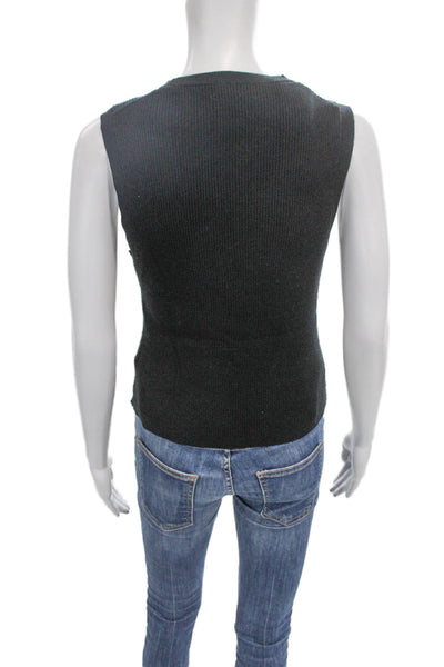Minnie Rose Women Black V-Neck Sleeveless Button Vest Size S