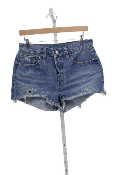 Levis Unisex 90s Blue Cotton Solid Button Shorts Size 28