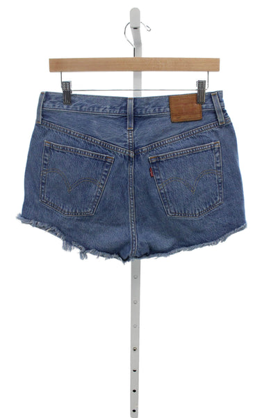 Levis Unisex 90s Blue Cotton Solid Button Shorts Size 28