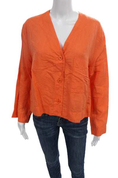 COS Womens V-Neck Button Up Blouse Orange Linen Cotton Long Sleeve Size XS