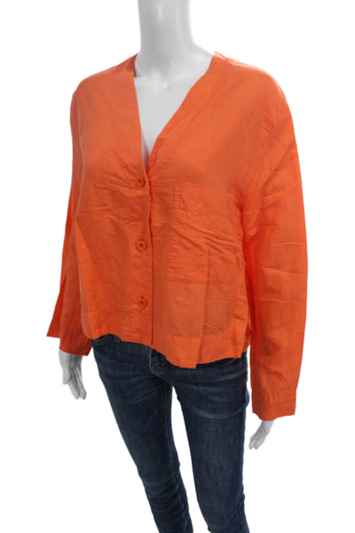 COS Womens V-Neck Button Up Blouse Orange Linen Cotton Long Sleeve Size XS