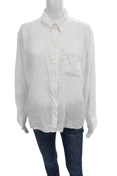 Zara Womens Collared Linen Button Up Long Sleeve White Top Size M