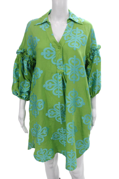 Nema Womens Kaftan Shirt Dress Green Geometric Collared 3/4 Sleeve Size S