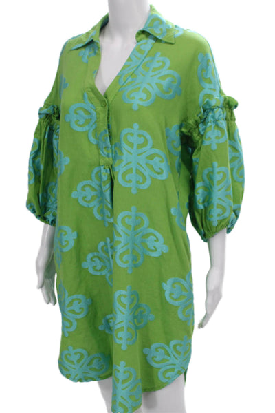 Nema Womens Kaftan Shirt Dress Green Geometric Collared 3/4 Sleeve Size S