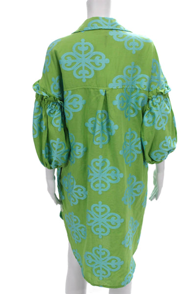 Nema Womens Kaftan Shirt Dress Green Geometric Collared 3/4 Sleeve Size S