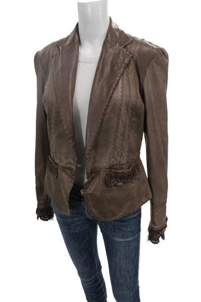 Benedetta Novi Womens Brown Pelle Ovina Leather Blazer Collared Size 44