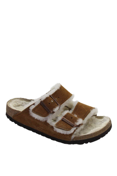 Birkenstock Women's Open Toe Shearling Line Flat Sandals Brown Size 37