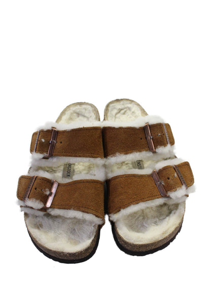 Birkenstock Women's Open Toe Shearling Line Flat Sandals Brown Size 37