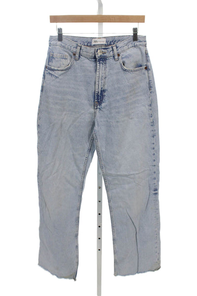 Zara Women Distressed Straight High Rise Blue Cotton Jeans Size 6
