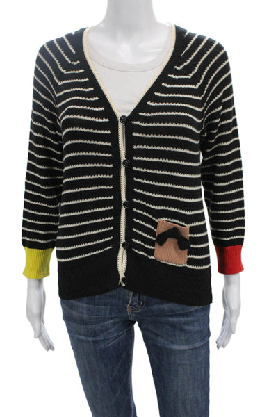 Sonia Sonia Rykiel Women Black Cotton Striped V Neck Cardigan 3/4 Sleeve Size M