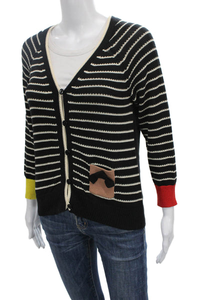 Sonia Sonia Rykiel Women Black Cotton Striped V Neck Cardigan 3/4 Sleeve Size M