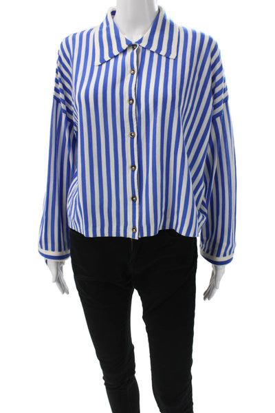 La Ligne Women Cropped Merino Striped Button-Up Long Sleeve Blue Size M