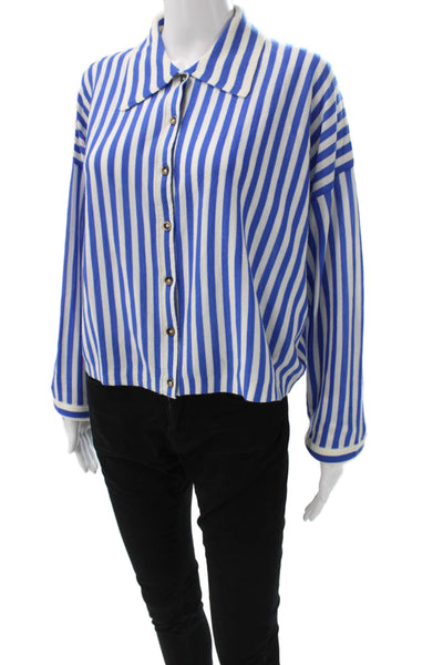 La Ligne Women Cropped Merino Striped Button-Up Long Sleeve Blue Size M