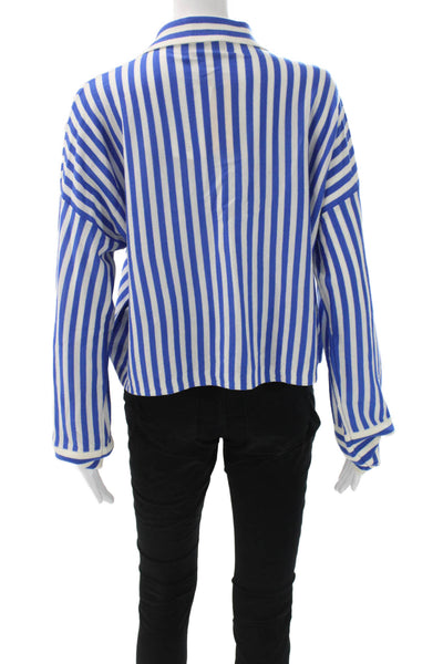 La Ligne Women Cropped Merino Striped Button-Up Long Sleeve Blue Size M