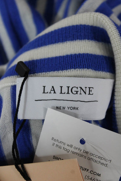 La Ligne Women Cropped Merino Striped Button-Up Long Sleeve Blue Size M