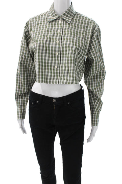 Sunday Best Women Green Cropped Button Up Plaid Cotton Long Sleeve Top Size S