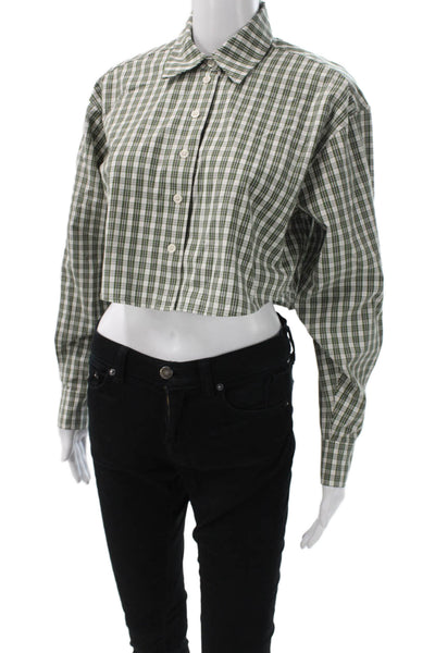Sunday Best Women Green Cropped Button Up Plaid Cotton Long Sleeve Top Size S