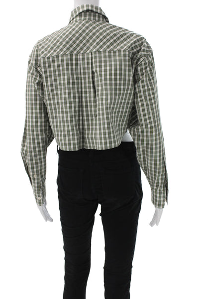 Sunday Best Women Green Cropped Button Up Plaid Cotton Long Sleeve Top Size S