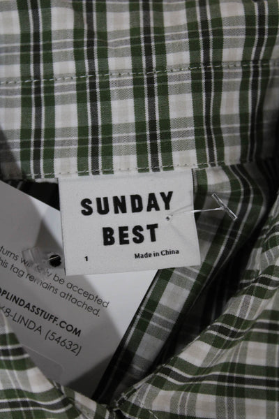 Sunday Best Women Green Cropped Button Up Plaid Cotton Long Sleeve Top Size S