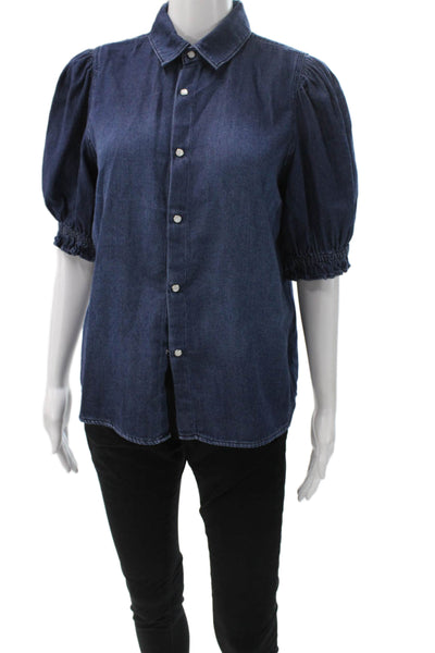 Ba&Sh Women Basic Denim Collared Short Sleeve Button-Up Top Blue Size 2
