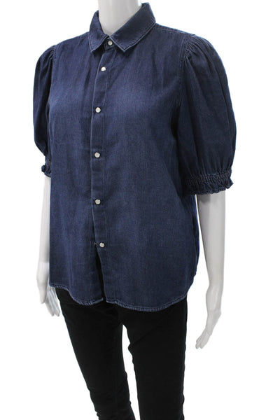 Ba&Sh Women Basic Denim Collared Short Sleeve Button-Up Top Blue Size 2