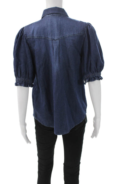 Ba&Sh Women Basic Denim Collared Short Sleeve Button-Up Top Blue Size 2