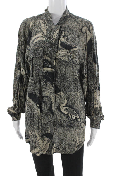 Escada Margaretha Ley Women Tunic Silk Button Up Beige Long Sleeve Size L