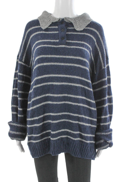 Lioness Unisex Striped Collared Button Pullover Sweater Dark Blue Size S