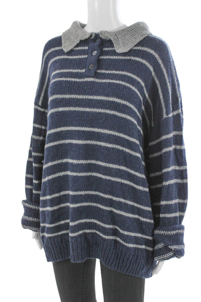 Lioness Unisex Striped Collared Button Pullover Sweater Dark Blue Size S