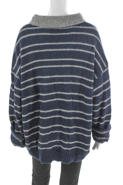 Lioness Unisex Striped Collared Button Pullover Sweater Dark Blue Size S