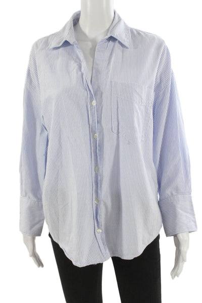 Zara Women Light Blue Striped Cotton Button-Up Long Sleeve Size S