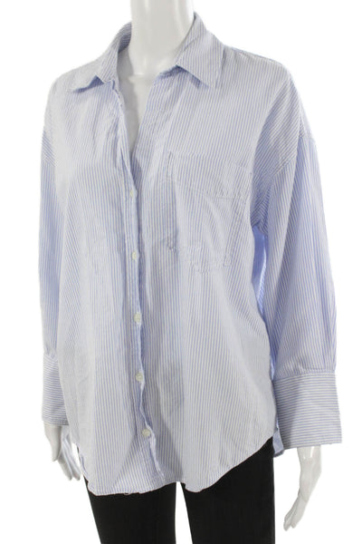 Zara Women Light Blue Striped Cotton Button-Up Long Sleeve Size S