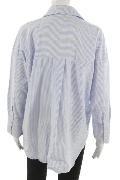 Zara Women Light Blue Striped Cotton Button-Up Long Sleeve Size S