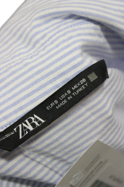 Zara Women Light Blue Striped Cotton Button-Up Long Sleeve Size S
