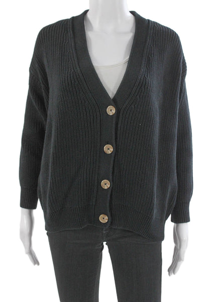 Quince Unisex Long Sleeve Cardigan Black V Neck Button Organic Cotton Size S