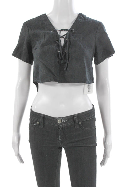 Reformation Women Cropped Linen V Neck Lace Up Black Short Sleeve Top Size S