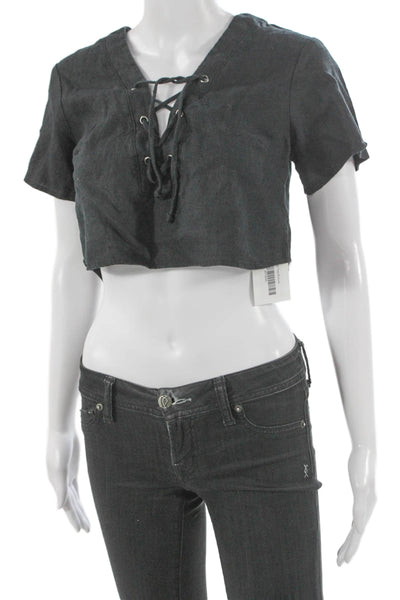 Reformation Women Cropped Linen V Neck Lace Up Black Short Sleeve Top Size S