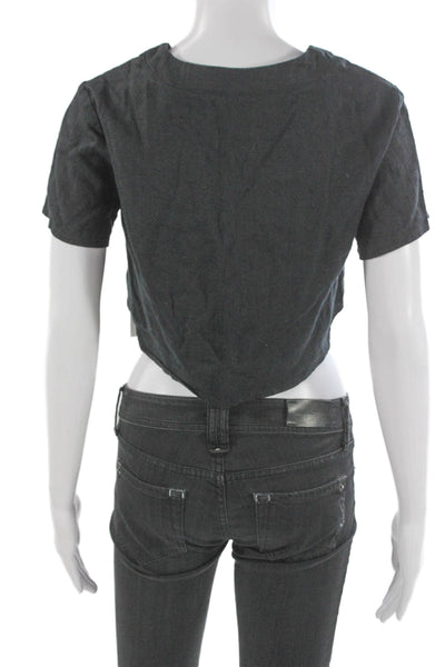 Reformation Women Cropped Linen V Neck Lace Up Black Short Sleeve Top Size S