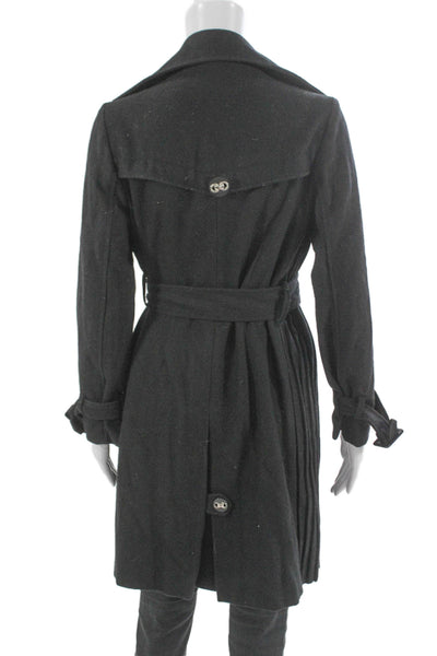 Max Mara Womens Black Trench Coat Wool Blend Collared Buckle Size S