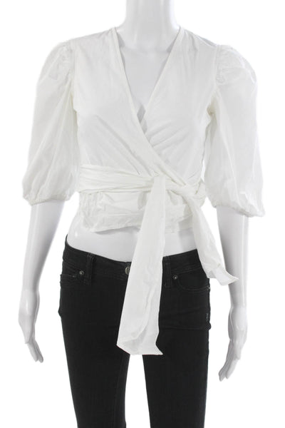 Ganni Womens V-Neck White Cotton Blouse 3/4 Sleeve Designer Size 34